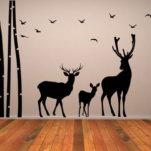 Deer Wildlife Wall Decal - Birch Tree Forest Moose Vinyl Sticker For Nursery Baby Kid Room Decor - Nature And Animal Family Art Mural Stick