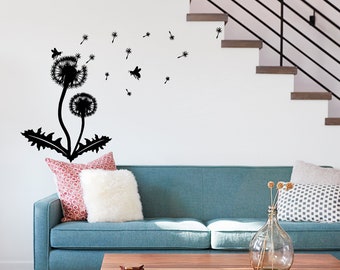 Dandelion Wall Decor Decal - Large Flower Vinyl Art Sticker For Bedroom Living Room Bathroom - Floral Nature Black Peel Stick Decoration