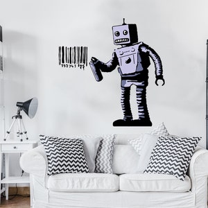 Banksy Barcode Robot Wall Vinyl Sticker - Street Art Graffiti Machine Decal - Boys Room Decor Mural Die Cut - Room Stickers Decals