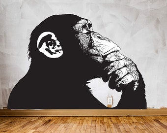 Banksy Monkey With Headphones Wall Sticker - Large Bansky Thinking Dj Chimp Vinyl Decal - Music Street Art Graffiti Gorilla Thinker Mural