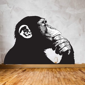 Banksy Monkey With Headphones Wall Sticker - Large Bansky Thinking Dj Chimp Vinyl Decal - Music Street Art Graffiti Gorilla Thinker Mural