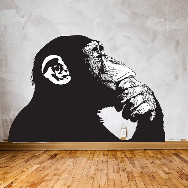 Banksy Monkey Met Hoofdtelefoon Muur Sticker - Grote Bansky Denken Dj Chimp Vinyl Decal - Muziek Street Art Graffiti Gorilla Thinker Muurschildering