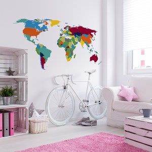 World Map Wall Decal - Grand autocollant en vinyle du globe de voyage géant pour le décor de salon de la chambre à coucher - Énorme peel and stick black big mural