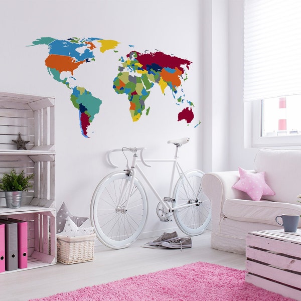 World Map Wall Decal - Large Vinyl Sticker Of The Giant Travel Globe For Bedroom Living Room Decor - Huge Peel And Stick Black Big Mural