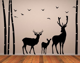 Deer Wildlife Wall Decal - Birch Tree Forest Moose Vinyl Sticker For Nursery Baby Kid Room Decor - Nature And Animal Family Art Mural Stick