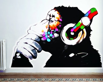 Banksy Monkey With Headphones Wall Sticker - Large Bansky Thinking Dj Chimp Vinyl Decal - Music Street Art Graffiti Gorilla Thinker Mural