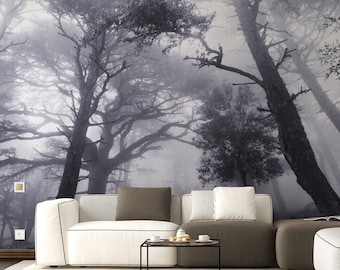 Foggy Forest Wallpaper Decal - Landscape Tree Wall Paper Mural Self Peel And Stick Sticker - Cool Nature Giant Large Full Photo For Scenic