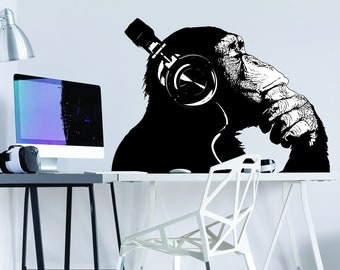 Banksy Monkey With Headphones Wall Sticker - Large Bansky Thinking Dj Chimp Vinyl Decal - Music Street Art Graffiti Gorilla Thinker Mural