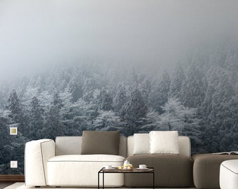 Foggy Forest Wallpaper Decal - Landscape Tree Wall Paper Mural Self Peel And Stick Sticker - Cool Nature Giant Large Full Photo For Scenic