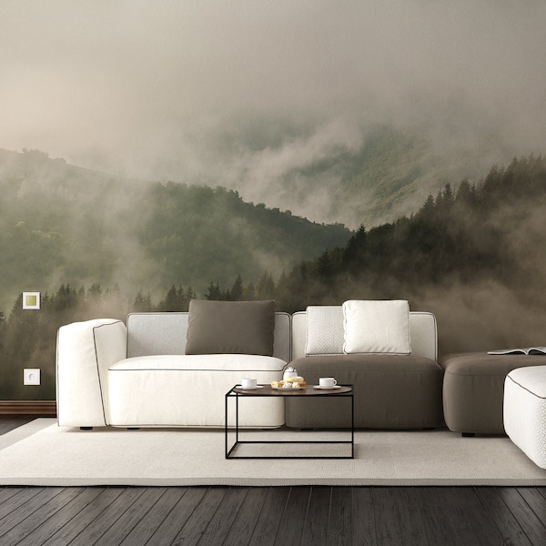 Foggy Forest Wallpaper Decal - Landscape Tree Wall Paper Mural Self Peel And Stick Sticker - Cool Nature Giant Large Full Photo For Scenic