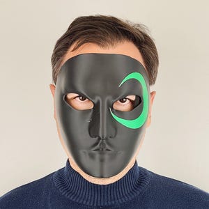 Full Face Mask for Cosplay | 3D Printed Black Mask with Green Eye Detail | Halloween Costume Prop | Adjustable Fit for Adults