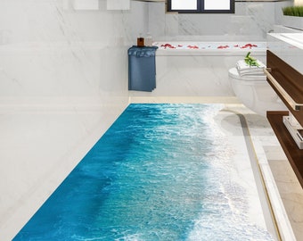 Autocollant de salle de bain 3D Ocean Beach Floor - Décalque de vinyle de mer pour le décor de plancher de douche de bain - Art mural de plancher de baignoire imperméable