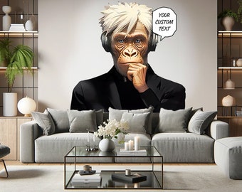 Pegatina de mono con pensamiento sabio, calcomanía de pared con DJ chimpancé con auriculares, vinilo artístico con burbujas de discurso personalizable para habitaciones de niños y entusiastas de la música