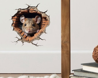 3D Mouse Hole Wall Sticker - Realistic Mouse Peeking from Mousehole Decal for Whimsical Room Decor -  Cracked Wall Sticker Gift