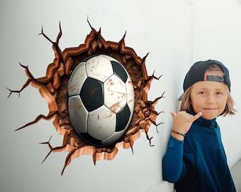 3D Football Wall Decal - Boys Room Breakthrough Sticker - Sporty Soccer Art - Video Game Theme Mural - Teen Bedroom Decor Gift - Many sizes