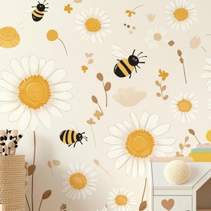 Gänseblümchen und Biene Wandtattoos | Kinderzimmer Wandsticker | Biene Kinderzimmer Dekor | Abnehmbare Daisy Wall Art | Von der Natur inspirierte Kinderzimmer Wandtattoos