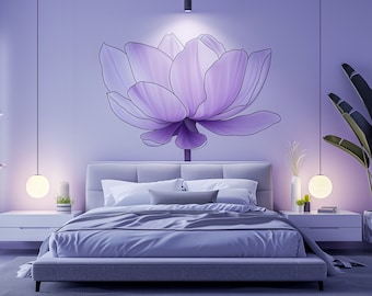 Calcomanía de pared de flor de loto púrpura - Arte floral tranquilo de cáscara y palo para decoración de pegatinas de dormitorio - Calcomanía adhesiva de loto violeta elegante