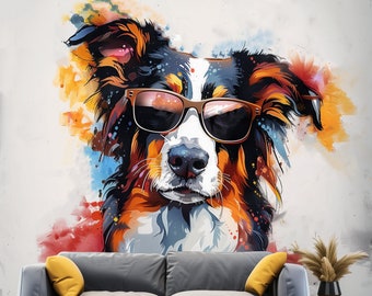 Pastor Australiano brillante con sombras, calcomanía de pared, perro acuarela alegre con gafas, pegatina, colorido, caprichoso, arte mural de pared para mascotas
