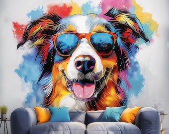 Pastor australiano con gafas de sol pegatina de pared - viva acuarela mascota arte calcomanía decoración del hogar - colorido perro juguetón autoadhesivo mural regalo