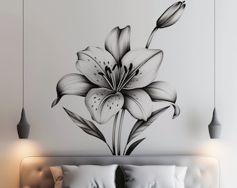 Elegante calcomanía de pared con flor de lirio monocromática, elegante pegatina de arte floral en blanco y negro para decoración de dormitorio