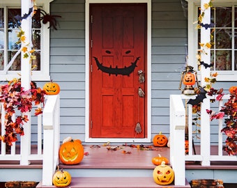 Halloween Scarry Smile Door Decal - Monster Smily Face Sticker - Frightening Door Garage Wall Adhesives - Outdoor Decor for Holidays