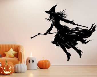 Decalcomania della silhouette della scopa della strega volante - Arte della finestra di Halloween inquietante - Decorazione della porta e del garage della strega - Abbellimenti murali incantati stagionali