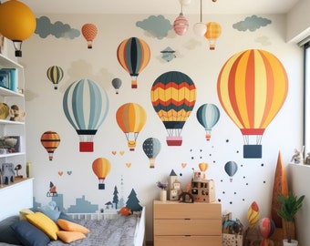 Colorful Hot Air Balloon Wall Stickers - Playful Skyward Journey Wall Decor Decals for Kids&#39; Room with Clouds