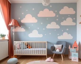 Pegatinas de pared con temática de cielo sereno para guardería, calcomanías de nubes de ensueño y estrellas blancas para habitación de niños, pegatina decorativa de arte de pared de sueño pacífico