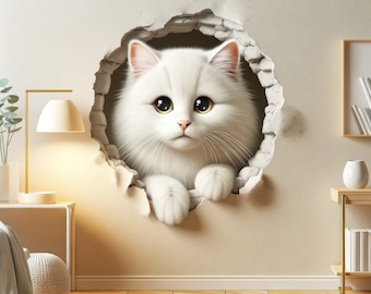 Sticker mural 3D chat blanc mignon - décoration de chambre d'enfant avec illusion de chaton charmant - décoration murale hublot chaton à peler et coller pour les amateurs de chats bricoleurs