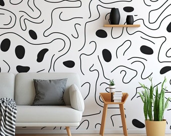 Pegatinas de pared negras modernas - Calcomanías de arte de línea dinámica para un interior elegante - Líneas entrelazadas y formas abstractas Etiqueta engomada de la sala de estar