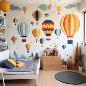 Colorful Hot Air Balloon Wall Stickers - Playful Skyward Journey Wall Decor Decals for Kids' Room with Clouds