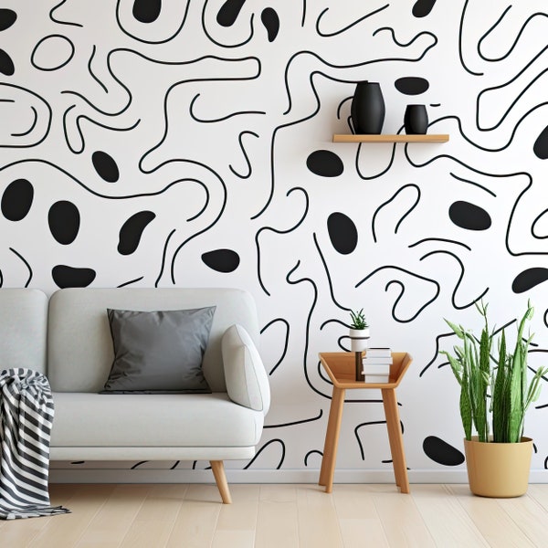 Modern Black Wall Stickers - Dynamic Line Art Decals for Stylish Interior - Intertwined Lines and Abstract Shapes Forms Sticker Living room