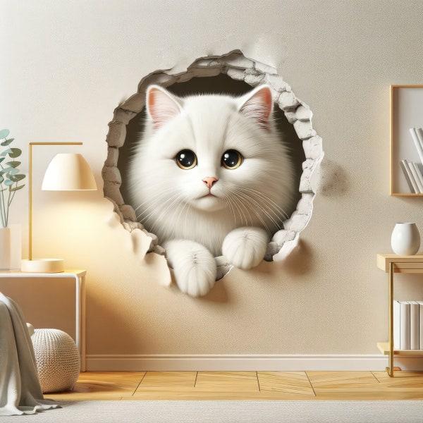 Sticker mural 3D chat blanc mignon - décoration de chambre d'enfant avec illusion de chaton charmant - décoration murale hublot chaton à peler et coller pour les amateurs de chats bricoleurs