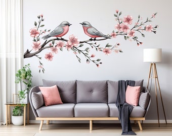 Calcomanía de pared elegante con rama de árbol y pájaros, pegatina de vinilo para esquina para sala de estar, calcomanías florales para pared para habitación de niñas