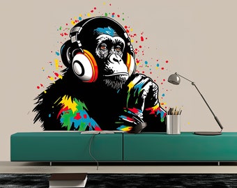 Calcomanía de pared de mono DJ - Mural de arte de vinilo Gorila pensante con auriculares - Etiqueta engomada de graffiti de chimpancé con temática musical - Arte inteligente de pared de animales