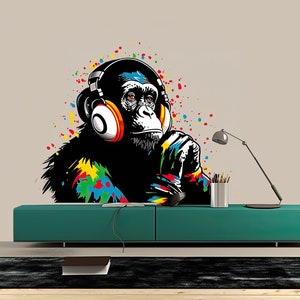 Naklejka ścienna DJ Monkey – winylowa sztuka ścienna Myślący goryl ze słuchawkami – naklejka z graffiti szympansa o tematyce muzycznej – inteligentna sztuka ścienna ze zwierzętami