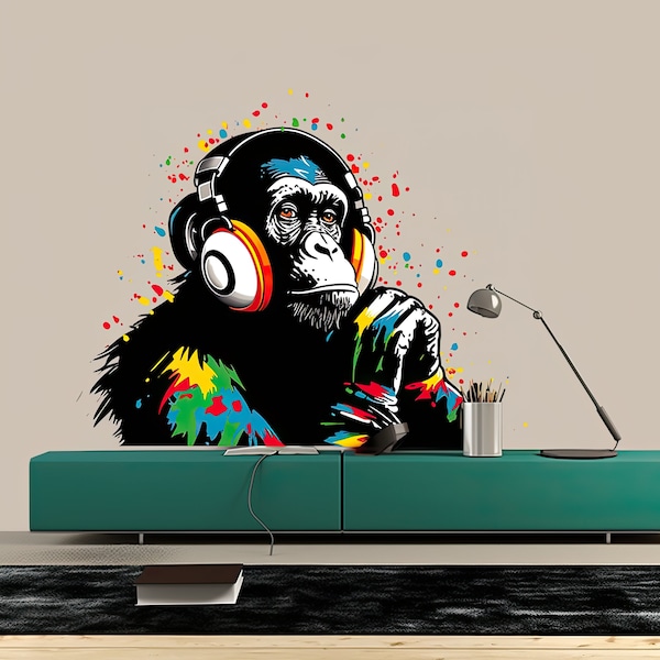 DJ Affe Wandaufkleber - Vinyl Kunst Wandbild Denkender Gorilla mit Kopfhörern - Musik unter dem Thema Schimpanse Graffiti Aufkleber - intelligente Tier Wandkunst