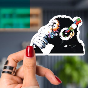 Laptop Vinyl Decal - Music Monkey In Headphones Art Sticker - Cool Banksy Dj Graffiti Border Mural - Thinking Chimp Water Bottle Decals