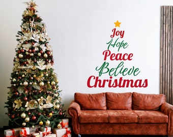 Oprechte kerstcitaat muursticker - "Joy Hope Peace Believe Christmas" tekststicker - inspirerende familiewoonkamer vakantiegezegden
