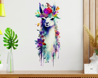 Watercolor Llama & Floral Wall Decal - Cute Alpaca Girls Room Vinyl Sticker Decor - Cute Lama Wall Decoration - Many SIzes Available