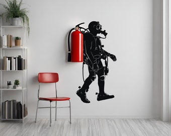 Scuba Diver Wall Sticker - Fire Extinguisher Deep Dive Silhouette - Creative Vinyl Gift Decal - Down Diving Happy Diver Art for Office Mural