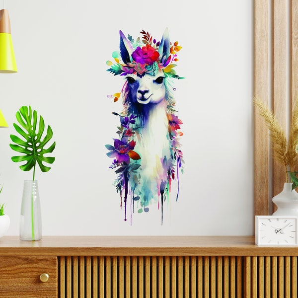 Watercolor Llama & Floral Wall Decal - Cute Alpaca Girls Room Vinyl Sticker Decor - Cute Lama Wall Decoration - Many SIzes Available