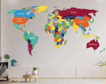 Large World Map Wall Decal - Giant Travel Globe with Country Names Vinyl Sticker - Perfect for Bedroom and Living Room Decor