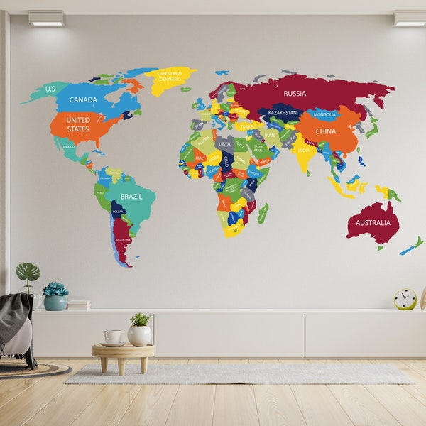 Grote wereldkaart muur sticker - gigantische reisbol met landnamen vinyl sticker - perfect voor slaapkamer en woonkamer decor