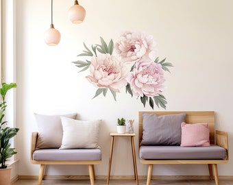 Lush Watercolor Peony Wall Decals - Vibrant Bloom Peel and Stick Adhesives - Artistic Removable Wall Sticker Decor for Stylish Interiors