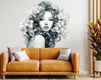 Elegant Woman with Floral Mind Decal - Apartment-Friendly Vinyl Wall Art Sticker - Removable Bloom Head Mural - Interior Decor