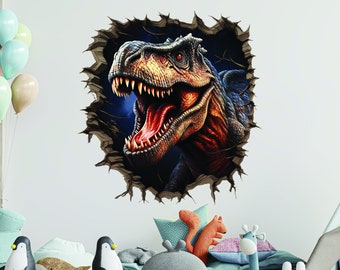 3D Dinosaurs Wall Decal - Peel and Stick Illusion Porthole Sticker - Cracked Wall Art Mural - DIY Enthusiast Room Decor - Many sizes