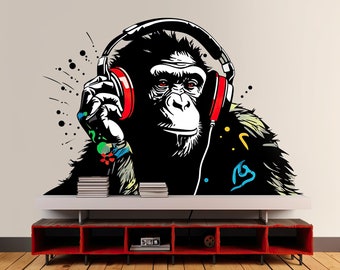 Pegatina de arte de pared de chimpancé con auriculares, calcomanía de mono DJ de la selva urbana, Mural de vinilo de mono que escucha música contemporánea