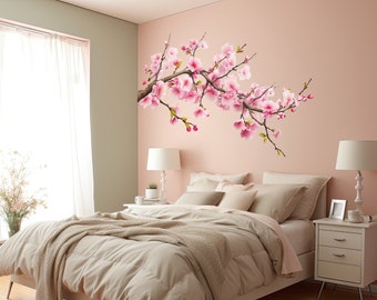 Calcomanía de pared de árbol de esquina de flor de cerezo - pegatina de vinilo para guardería con flores pegatinas de flores rosas - elegante arte floral de pared para salas de estar