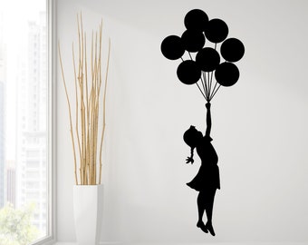 Artist Girl With Balloons Wall Decal - Bansky Street Art Graffiti Air Ballon Vinyl Sticker For Wall - Design Of Baloon Teen